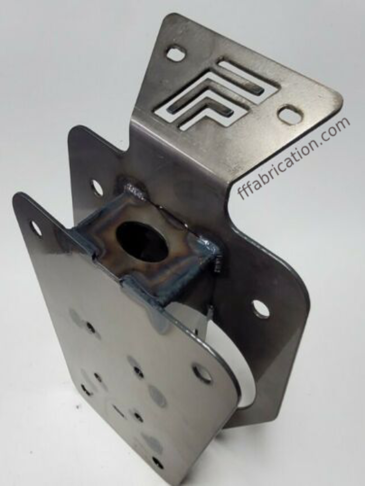 Metal bracket with 'ff fabrication.com' branding on a white background