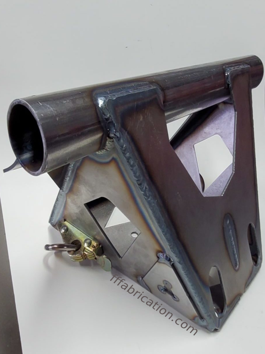 Metal bracket with cylindrical component on a white background